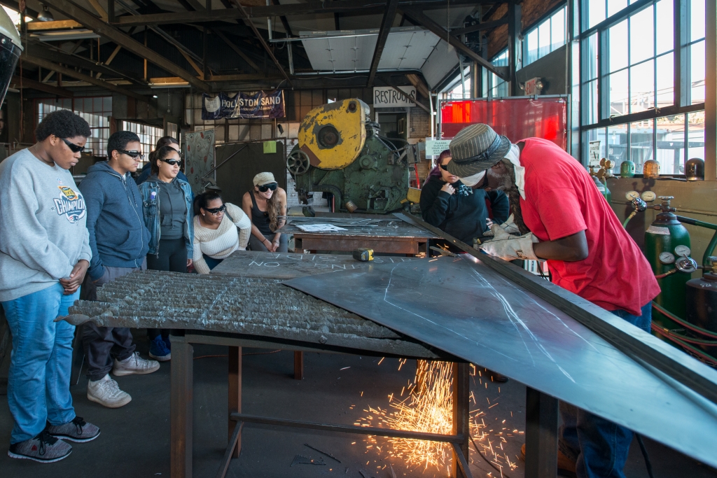Steel Yard demonstration of cutting abstract steel shapes for the public art piece