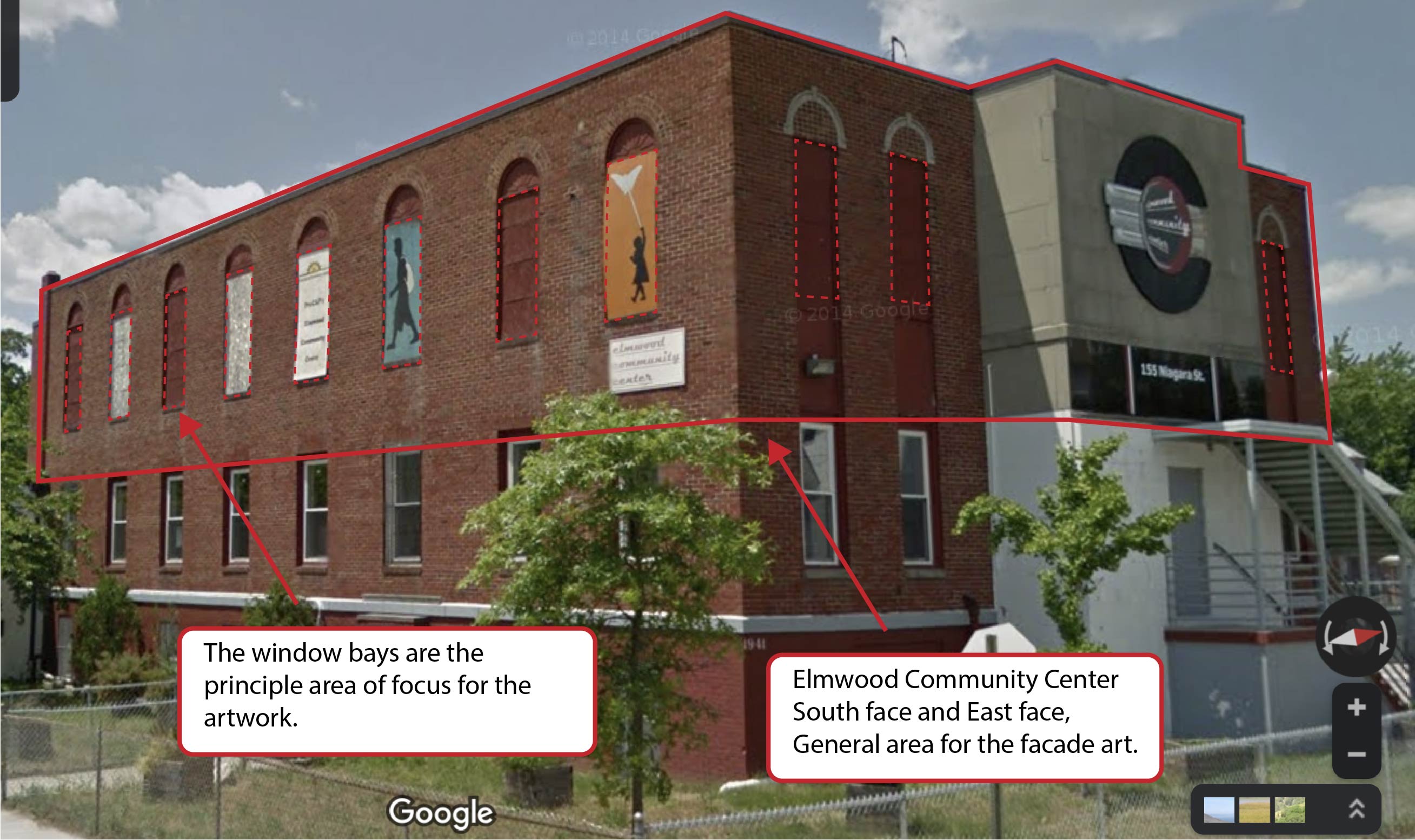 Street View of Elmwood Community Center’s South face and East face (pre-renovation)