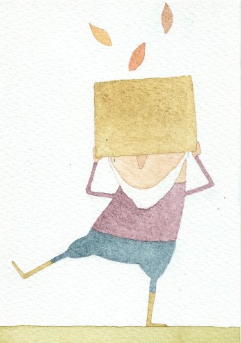 watercolor of a cartoon-like person throwing leaves over their head