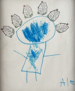 Painting of an abstract figure with a halo of houses around their head.