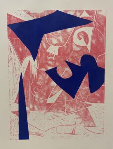 Blue, red and beige abstract print made by Janice Lardey