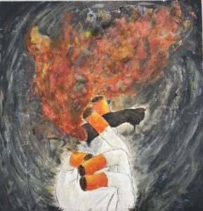 painting of a hand smoking a finger on fire