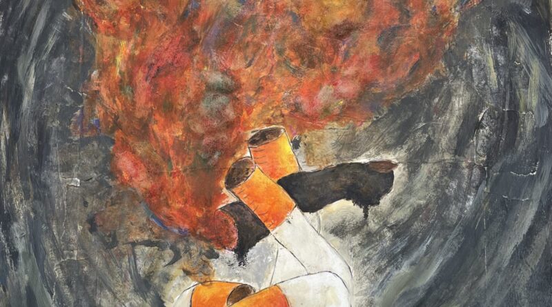 painting of a hand smoking a finger on fire