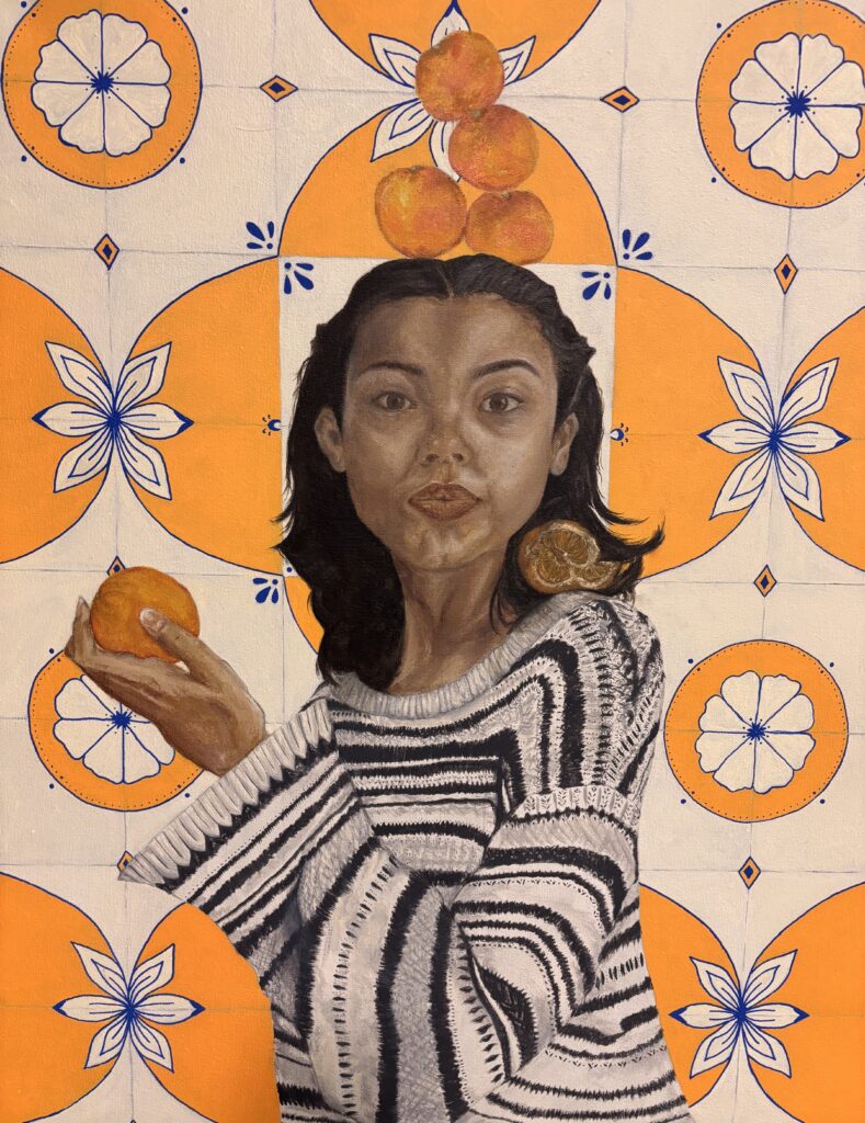 painting of young person with orange background