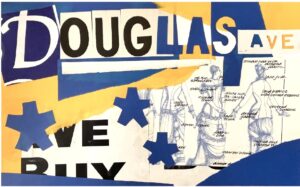 Collage depicting Douglas St and Victorian dress-making images