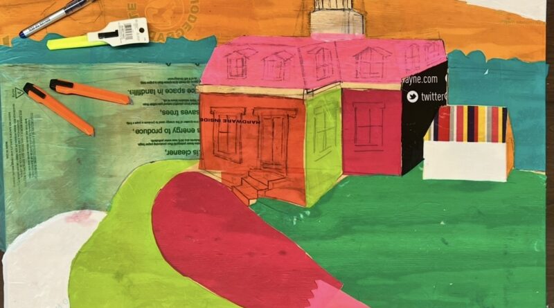 Brightly colored image of a painted house and field in the abstract