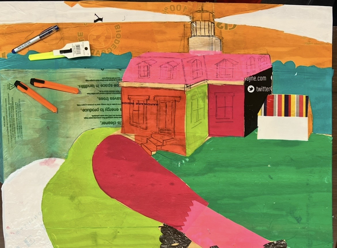Brightly colored image of a painted house and field in the abstract