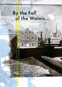 Print image of 19th century houses with layers of ghostlike images behind. Largely black and white with some fait lines of pale blue and yellow