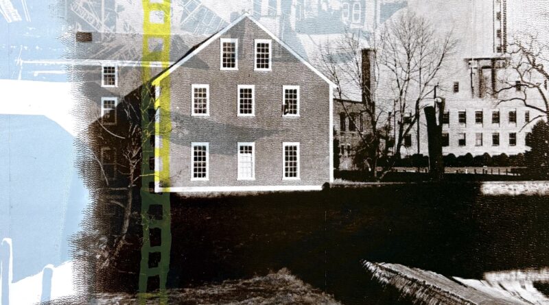 Print image of 19th century houses with layers of ghostlike images behind. Largely black and white with some fait lines of pale blue and yellow